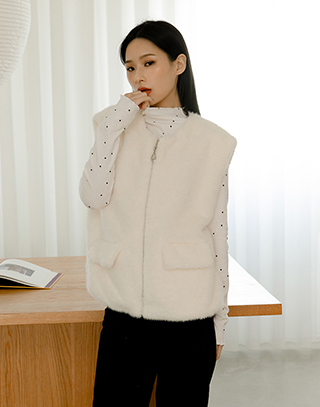 仿兔絨簡約拉鍊背心
