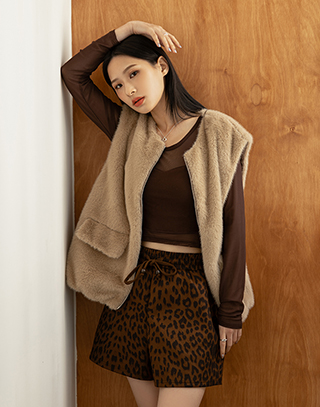 仿兔絨簡約拉鍊背心