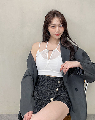 透紗拼接繞脖BRA TOP