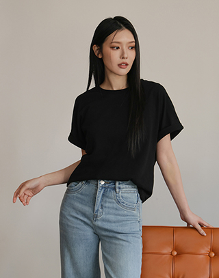 柔霧感反折袖彈力短T