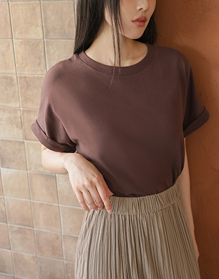 柔霧感反折袖彈力短T