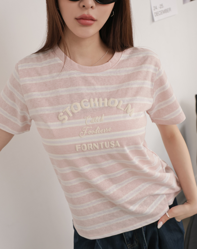 馬卡龍色條紋字母T-SHIRT
