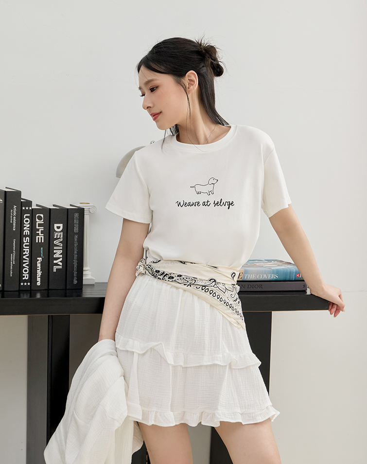 趣味線條臘腸狗印花T恤