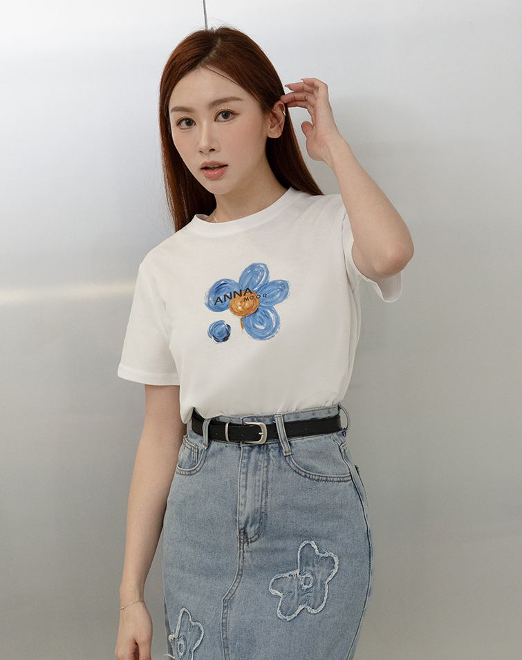 藍花日常字母短袖T-SHIRT