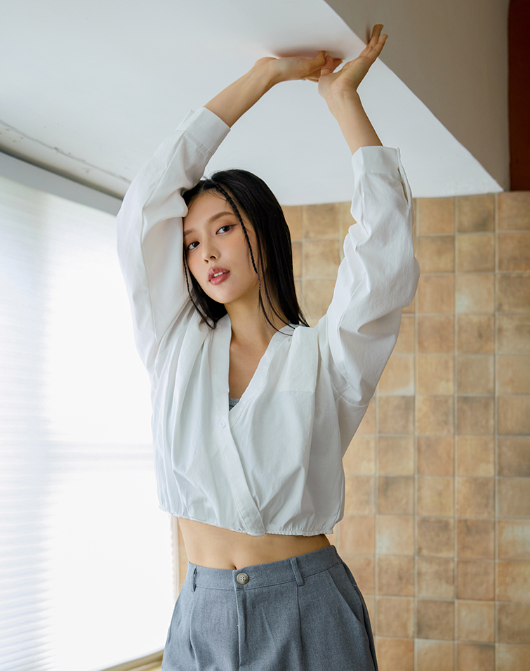 繞脖長袖假兩件式襯衫