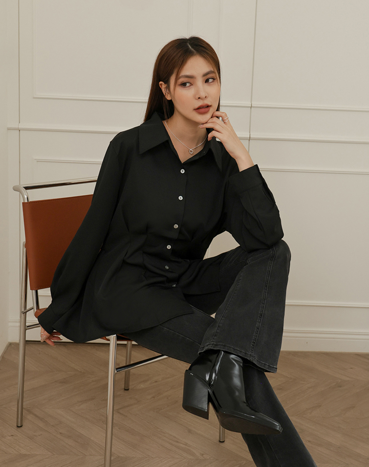 法式氣質抓褶收腰襯衫