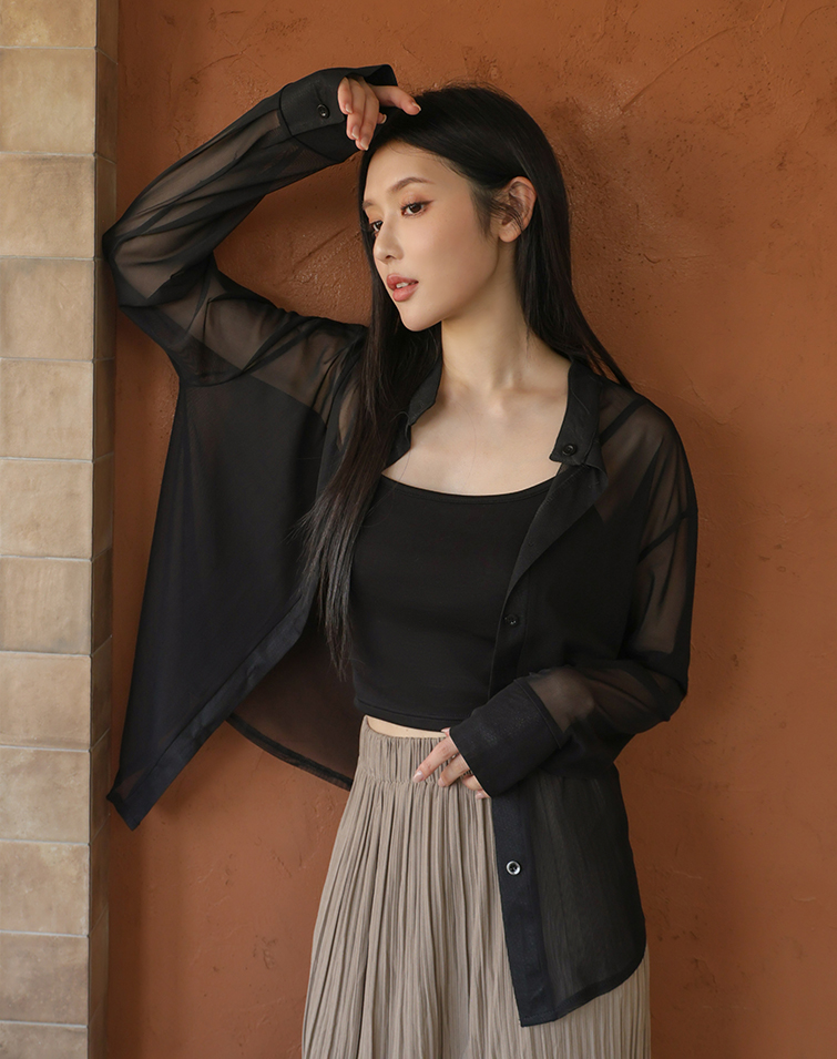 輕霧感小立領長袖襯衫