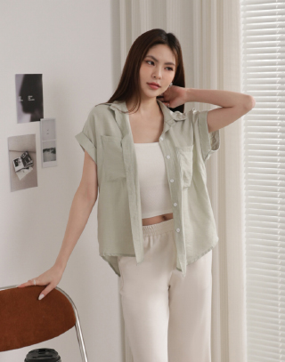 自然系寬袖翻領襯衫