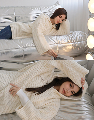 素色編織感連帽上衣