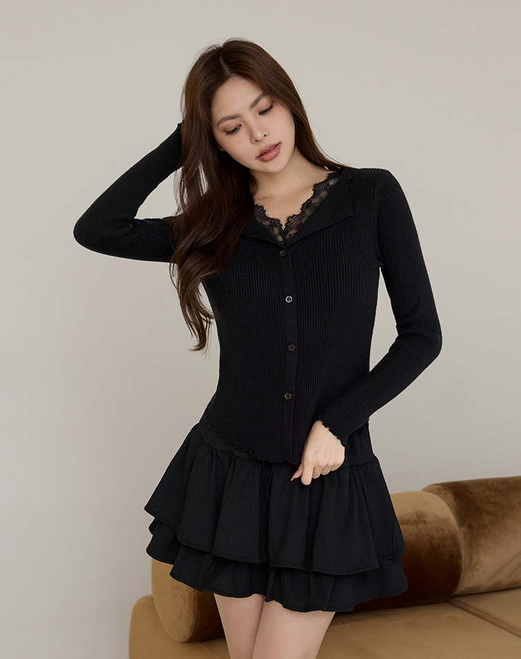 法式木耳捲邊蕾絲針織上衣