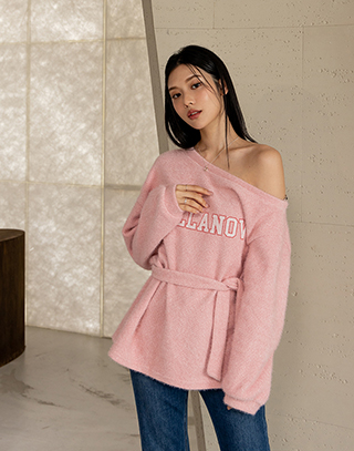 細柔馬海毛斜肩綁繩上衣