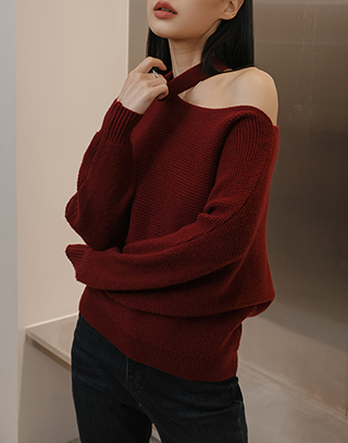 不對稱簍空針織長袖上衣