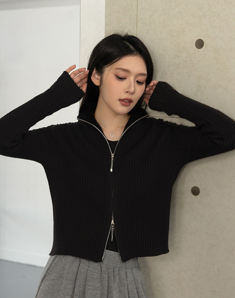 柔膚雙開拉鍊羅紋針織外套