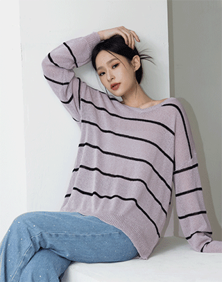 柔織條紋長袖針織上衣