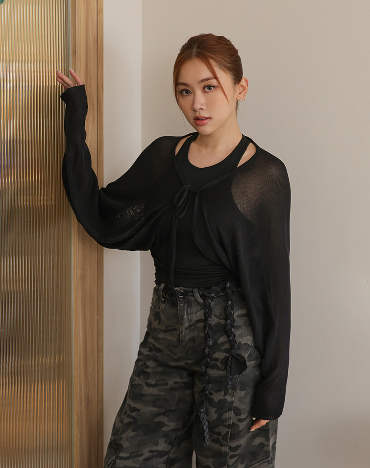 柔美系綁繩長袖罩衫