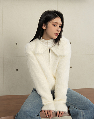 馬海毛翻領針織長袖外套