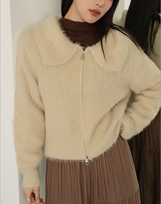馬海毛翻領針織長袖外套