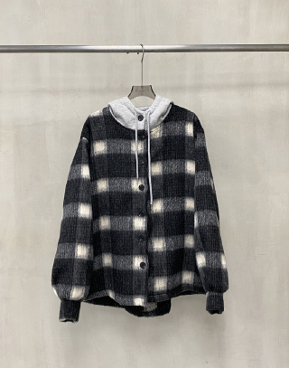 跳色混織羊駝絨連帽外套