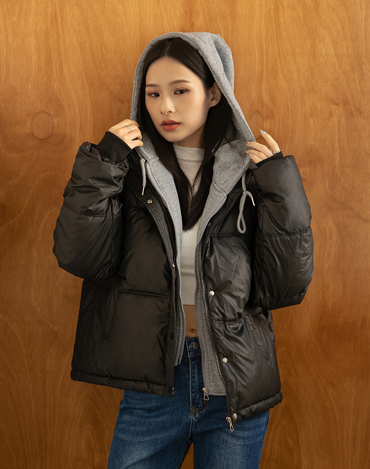 科技皮感鋪棉層次假兩件外套