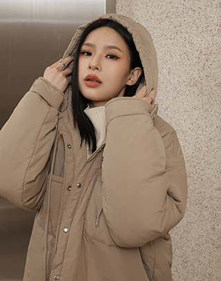 蓬鬆口袋連帽鋪棉外套