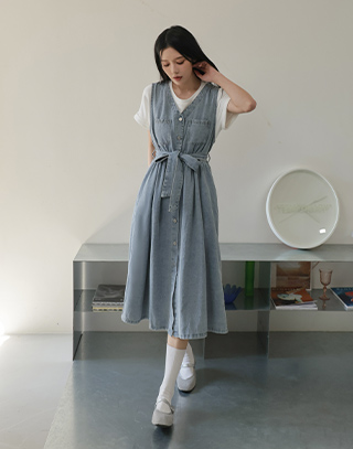 簡約V領水洗牛仔背心洋裝