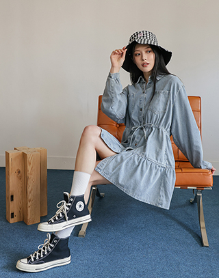 百搭水洗縮腰牛仔蛋糕洋裝