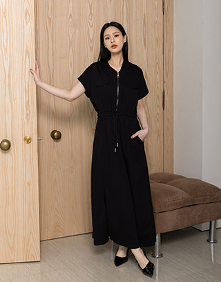 柔軟縮腰連帽短袖長洋裝