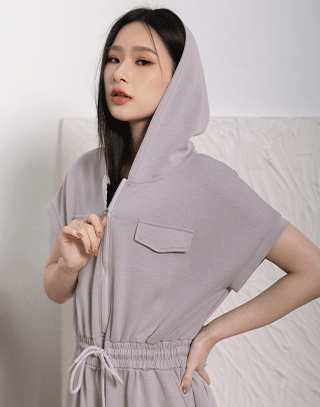 柔軟縮腰連帽短袖長洋裝