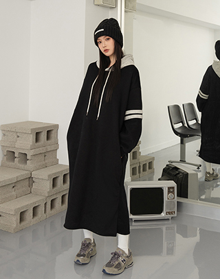 休閒拼接感內刷毛連帽洋裝