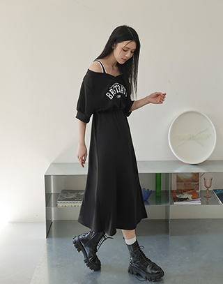 跳色字母印花兩件式開衩長洋裝