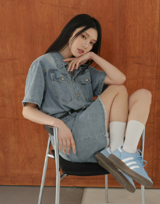 簡約水洗抽鬚造型牛仔洋裝