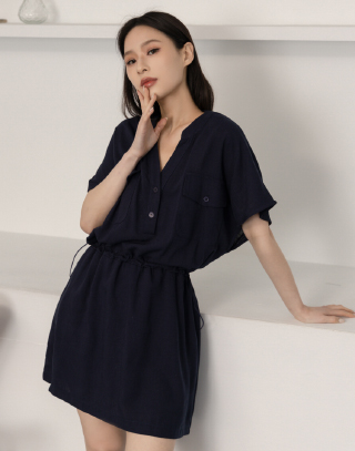 簡約開襟V領收腰洋裝