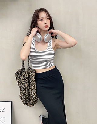 撞色條紋BRA TOP長裙套裝