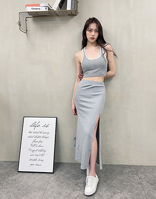 撞色條紋BRA TOP長裙套裝