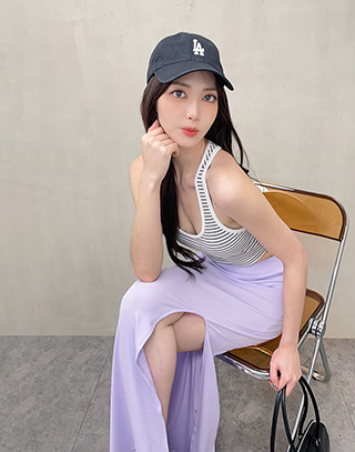 撞色條紋BRA TOP長裙套裝