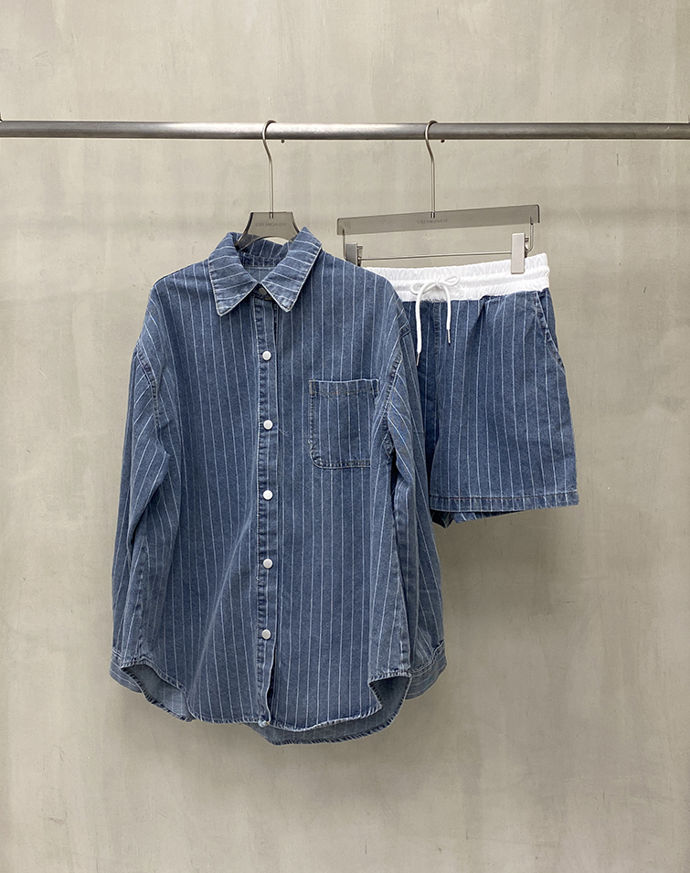 條紋丹寧短褲套裝