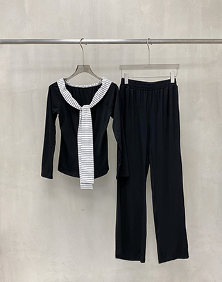 柔調條紋披肩長褲套裝