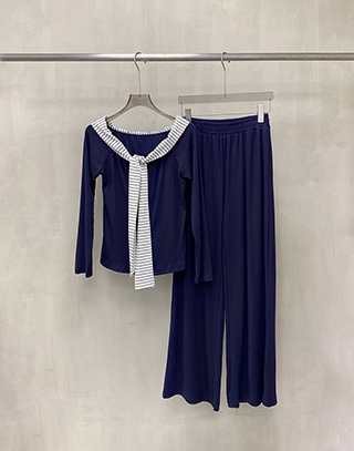 柔調條紋披肩長褲套裝