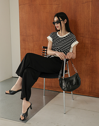 空氣感包袖條紋長褲套裝