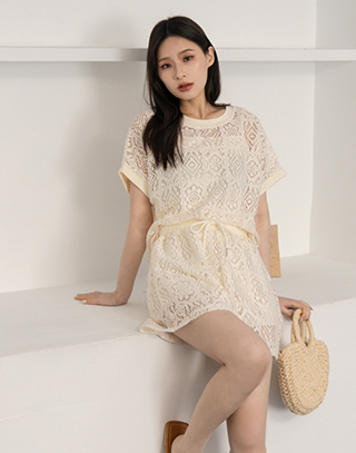 法式浪漫緹花短褲套裝