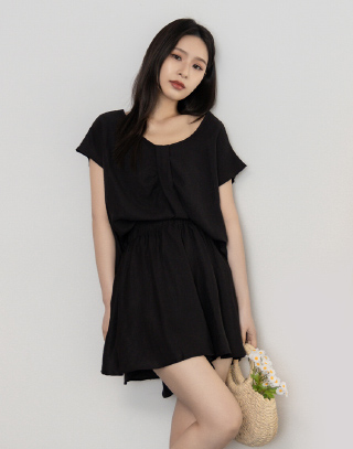 細織亞麻抓褶短褲套裝