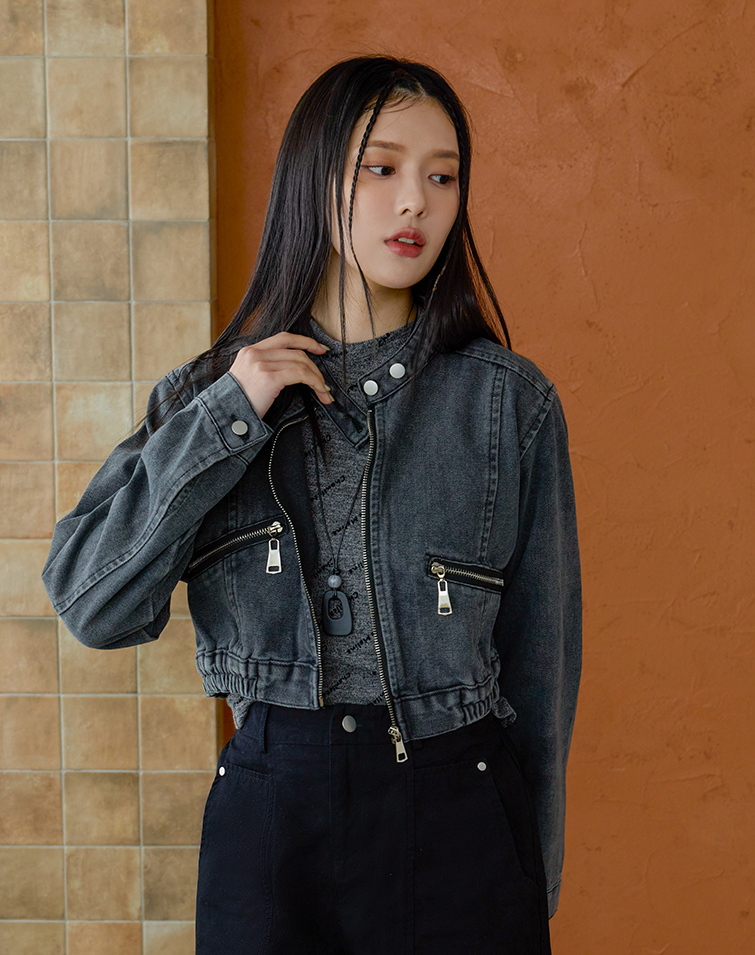休閒收腰拉鍊造型牛仔外套