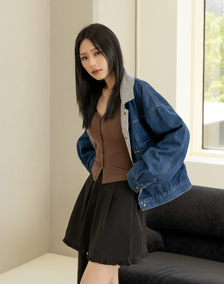 條紋翻領拼接雙穿牛仔外套