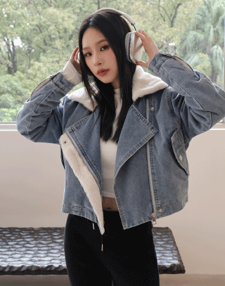 抗寒奶霜絨絨斜開牛仔外套
