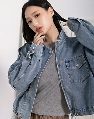 抽繩收腰小立領牛仔外套