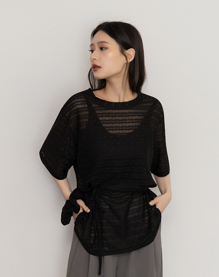 優雅緹花綁腰造型上衣