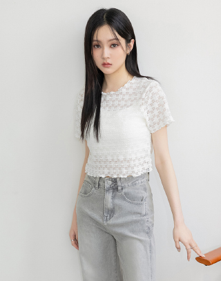 輕柔花花蕾絲短袖上衣