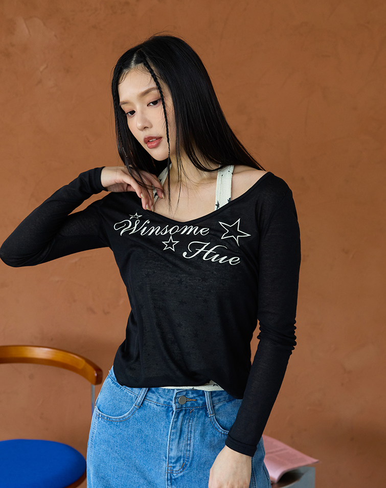 繞脖V領星星印花兩件式上衣