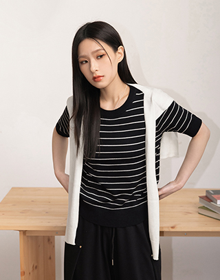 跳色條紋兩件式披肩上衣