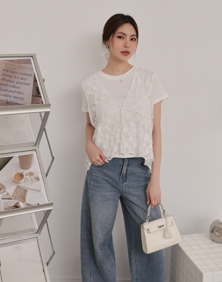 柔系蕾絲傘擺兩件式背心上衣
